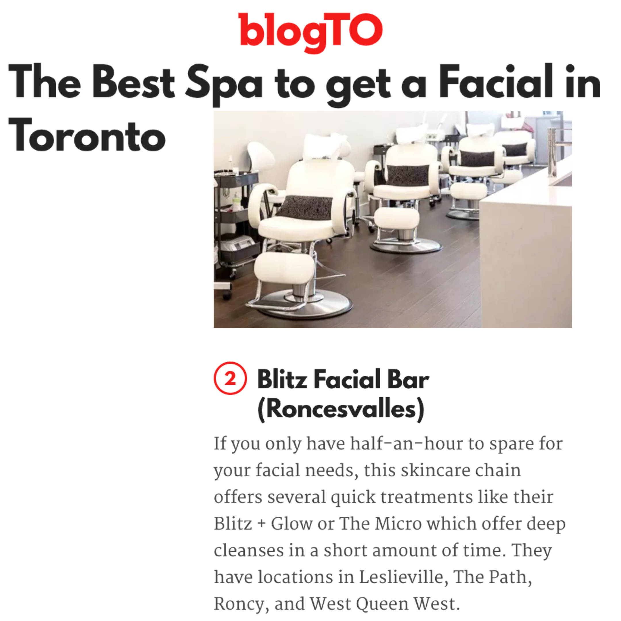 BlogTO features Blitz Facial Bar in their roundup of Best Spa to get a Facial in Toronto.